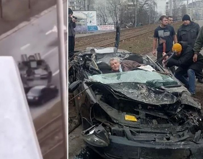 The passenger in the car crushed by the Russian tank was seen being rescued by the locals