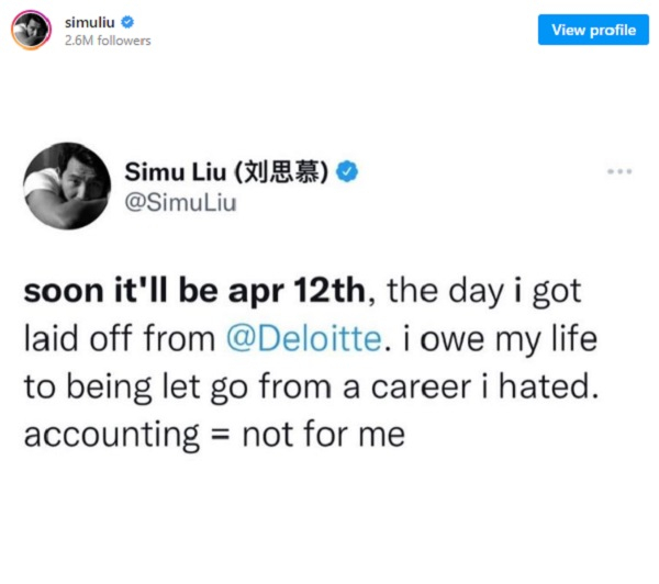 Simu Liu celebrates anniversary of being fired from his Toronto job