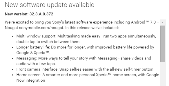 Sony Android 7.0 Nougat OTA changelog