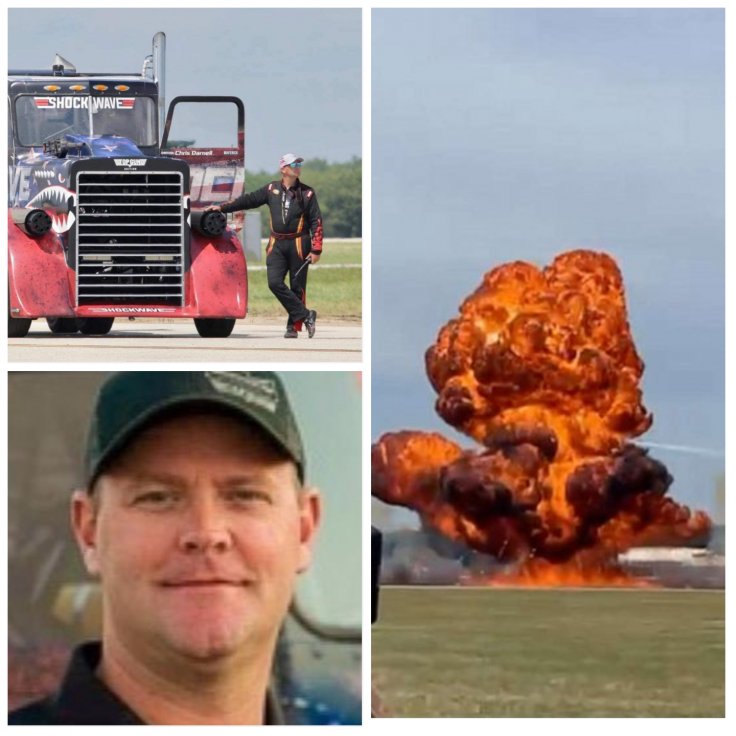 A Shockwave Jet Truck bursts into flames while racing two planes at the Michigan air show