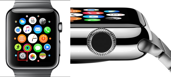 Settings icon and Digital Crown on Apple watch Settings icon and Digital Crown on Apple watch