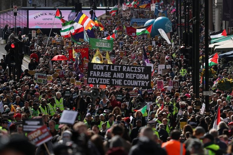 Demonstrators march against ‘far-right extremism” from Park Lane to Trafalgar Square
