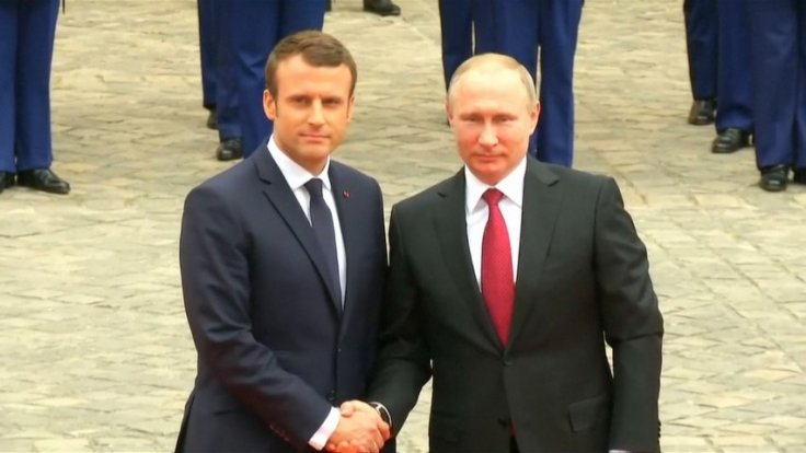 French President Macron Welcomes Russian President Putin At Frances Palace Of Versailles