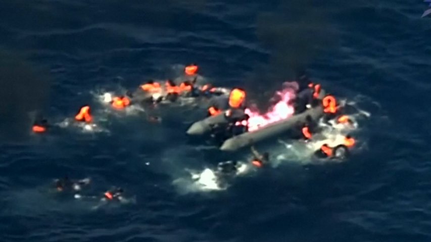 Video captures dramatic moment migrant boat erupts into flames