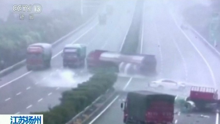 Watch five trucks crash in serious traffic pileup