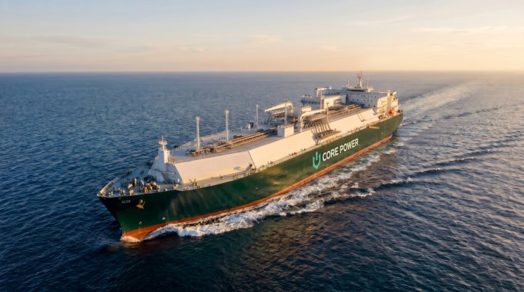 Rendering of a CORE POWER LNG tanker moving energy at speed