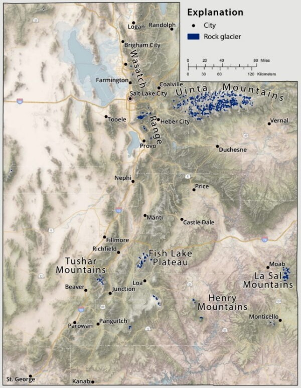 Locations of Utah’s 836 known rock glaciers appear in blue