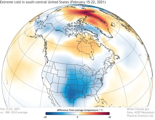Near-surface air temperatures across the Northern Hemisphere from February 15–22, 2021, compared to the 1981-2010 average.